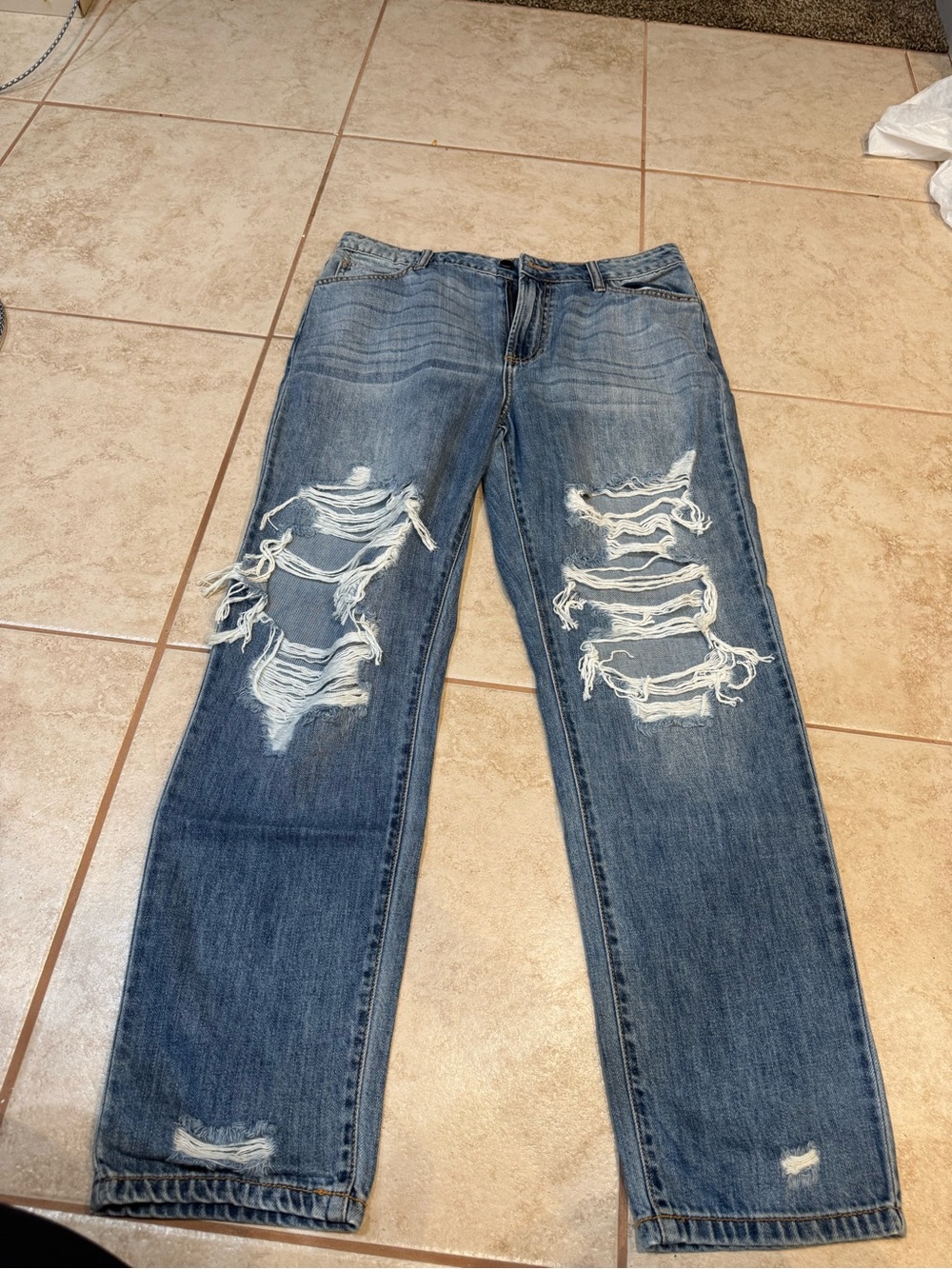 Fashion Nova Distressed Straight Leg Jeans - Blue